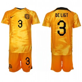 Virallinen pelipaita Alankomaat Matthijs de Ligt 3 Koti World Cup 2022 Lyhythihainen - Lasten ( + Lyhyet housut )